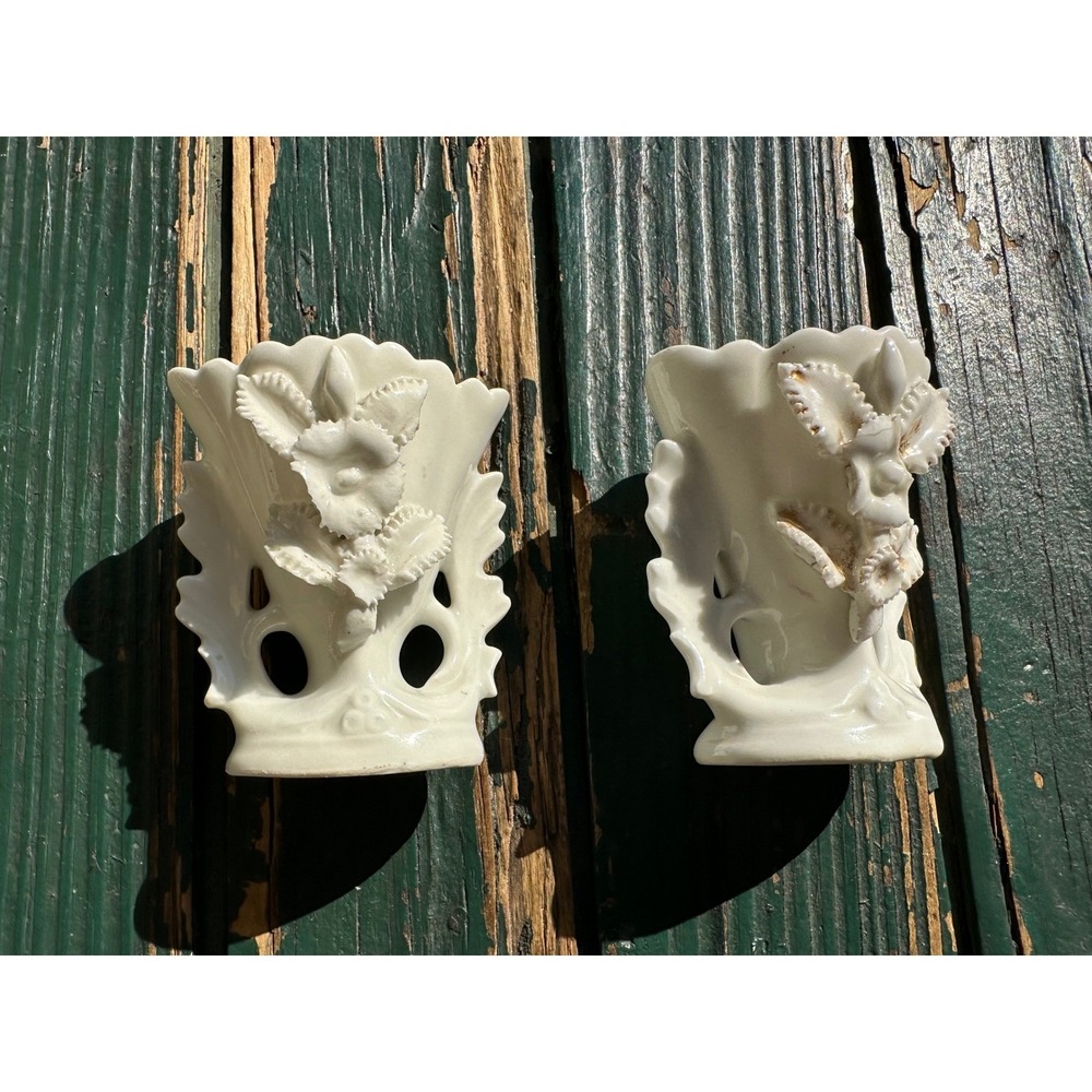 Vintage White Porcelain Miniature Cornucopia Bud Vases Set of 2 Floral‎ Applied